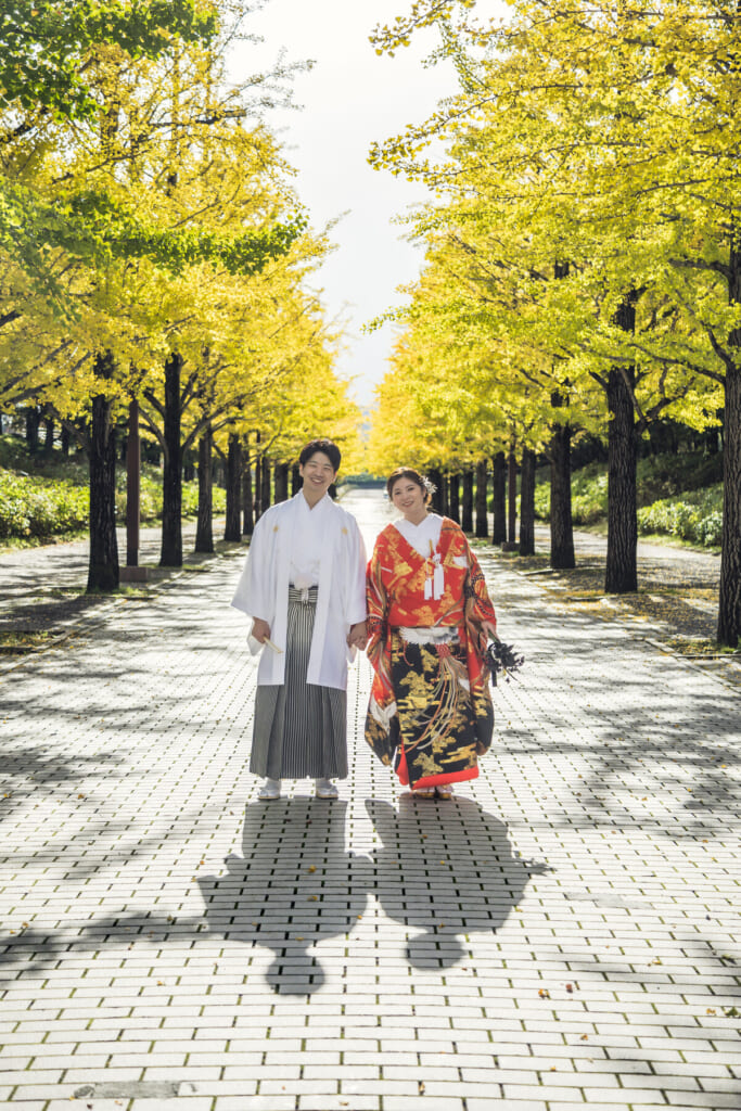 あづま総合運動公園で撮影する魅力|イチョウ並木と秋の和装写真 あづま総合運動公園の黄葉したイチョウ並木に立つ白い紋付袴と赤い色打掛の二人